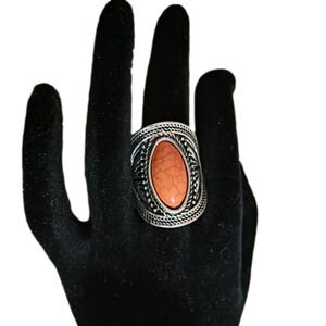 OUT On The Range orange Crackle Ring Silver Stretch Band